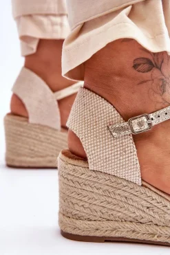 Damskie Boto Skórzane Sandałki Espadryle Na Koturnie Złote Cammer