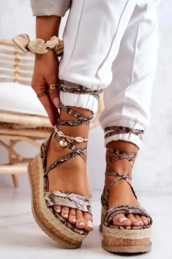 Damskie Boto Skórzane Sandałki Espadryle Na Koturnie Beżowo-Brązowe Shanny