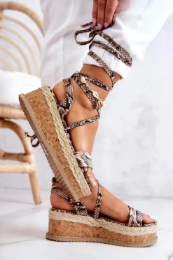 Damskie Boto Skórzane Sandałki Espadryle Na Koturnie Beżowo-Brązowe Shanny