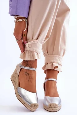 Boto Sandały Na Koturnie*Skórzane Sandałki Espadryle Na Koturnie Srebrne Cammer