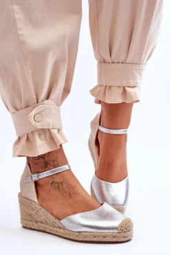 Boto Sandały Na Koturnie*Skórzane Sandałki Espadryle Na Koturnie Srebrne Cammer