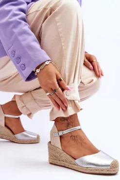 Boto Sandały Na Koturnie*Skórzane Sandałki Espadryle Na Koturnie Srebrne Cammer