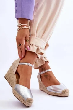 Boto Sandały Na Koturnie*Skórzane Sandałki Espadryle Na Koturnie Srebrne Cammer