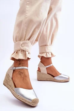 Boto Sandały Na Koturnie*Skórzane Sandałki Espadryle Na Koturnie Srebrne Cammer