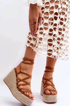 Damskie Boto Skórzane Sandałki Na Koturnie Brązowe Margaritt