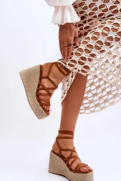 Damskie Boto Skórzane Sandałki Na Koturnie Brązowe Margaritt