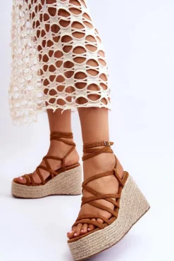 Damskie Boto Skórzane Sandałki Na Koturnie Brązowe Margaritt