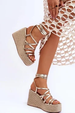 Damskie Boto Skórzane Sandałki Na Koturnie Złote Margaritt