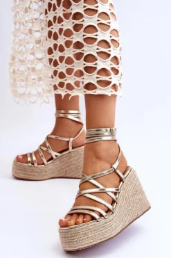 Damskie Boto Skórzane Sandałki Na Koturnie Złote Margaritt