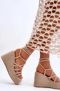 Boto Skórzane Sandałki Na Koturnie Beżowe Margaritt