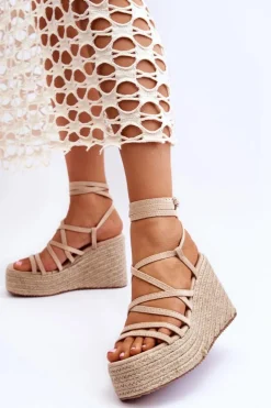 Boto Skórzane Sandałki Na Koturnie Beżowe Margaritt