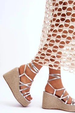 Boto Sandały Na Koturnie*Skórzane Sandałki Na Koturnie Srebrne Margaritt