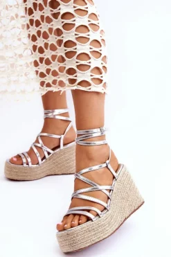 Boto Sandały Na Koturnie*Skórzane Sandałki Na Koturnie Srebrne Margaritt