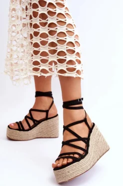 Damskie Boto Skórzane Sandałki Na Koturnie Czarne Margaritt