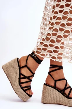 Damskie Boto Skórzane Sandałki Na Koturnie Czarne Margaritt