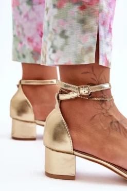 Damskie Boto Skórzane Sandałki Na Obcasie Gładkie Złote Inspire Me!