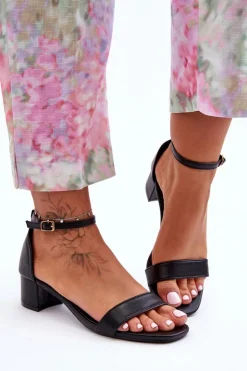 Boto Sandały Na Obcasie*Skórzane Sandałki Na Obcasie Gładkie Czarne Inspire Me!