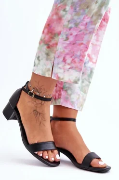 Boto Sandały Na Obcasie*Skórzane Sandałki Na Obcasie Gładkie Czarne Inspire Me!