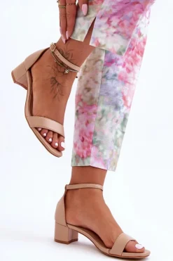 Damskie Boto Skórzane Sandałki Na Obcasie Gładkie Beżowe Inspire Me!