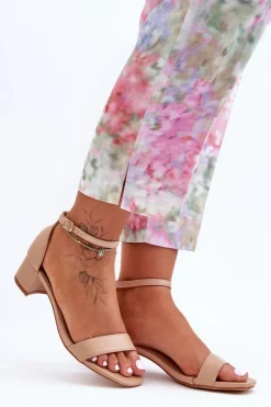 Damskie Boto Skórzane Sandałki Na Obcasie Gładkie Beżowe Inspire Me!