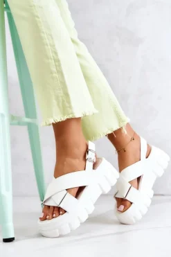 Evento Sandały Płaskie*Skórzane Sandałki Na Platformie Białe Betti