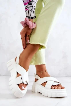 Evento Sandały Płaskie*Skórzane Sandałki Na Platformie Białe Betti