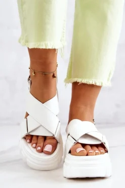 Evento Sandały Płaskie*Skórzane Sandałki Na Platformie Białe Betti