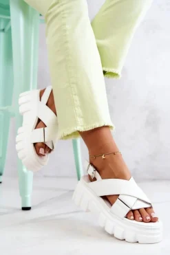 Evento Sandały Płaskie*Skórzane Sandałki Na Platformie Białe Betti
