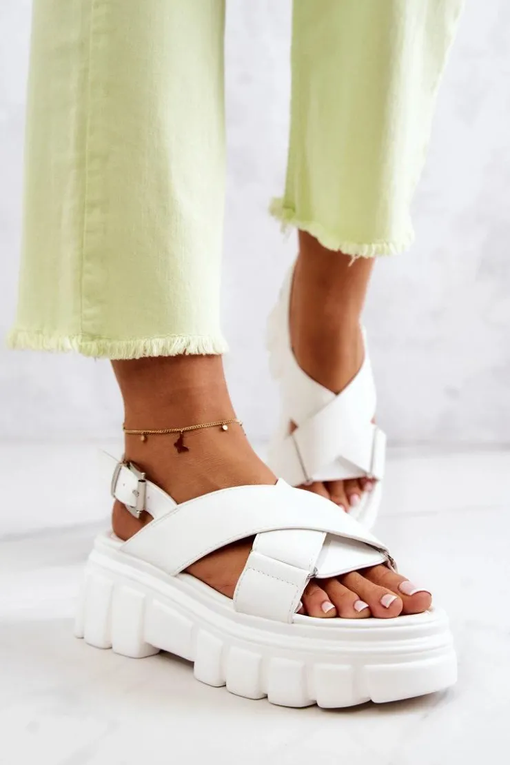 Evento Sandały Płaskie*Skórzane Sandałki Na Platformie Białe Betti