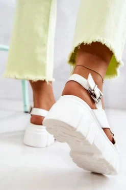 Evento Sandały Płaskie*Skórzane Sandałki Na Platformie Białe Betti