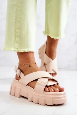 Damskie Evento Skórzane Sandałki Na Platformie Jasnobeżowe Betti