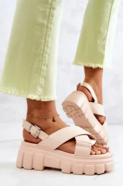 Damskie Evento Skórzane Sandałki Na Platformie Jasnobeżowe Betti