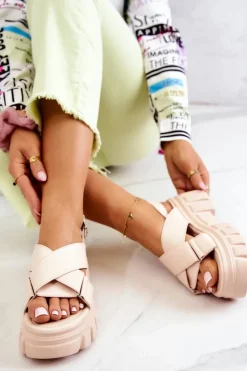 Damskie Evento Skórzane Sandałki Na Platformie Jasnobeżowe Betti