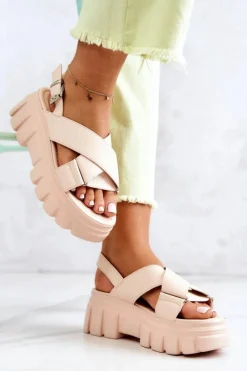 Damskie Evento Skórzane Sandałki Na Platformie Jasnobeżowe Betti