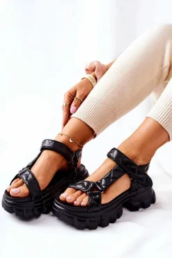 Boto Sandały Na Koturnie*Skórzane Sandałki Na Platformie Czarne Promissy