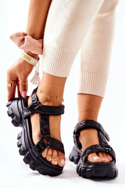 Boto Sandały Na Koturnie*Skórzane Sandałki Na Platformie Czarne Promissy