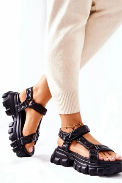 Boto Sandały Na Koturnie*Skórzane Sandałki Na Platformie Czarne Promissy