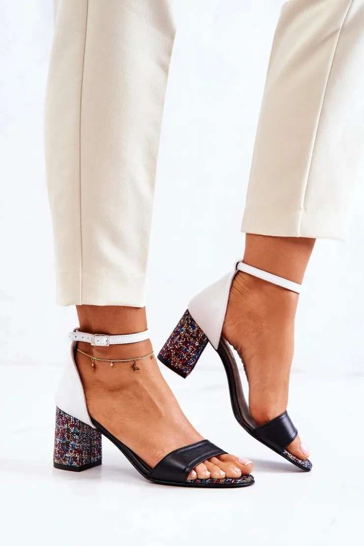 Online Boto Skórzane Sandałki Na Słupku Czarno-Białe Lorene