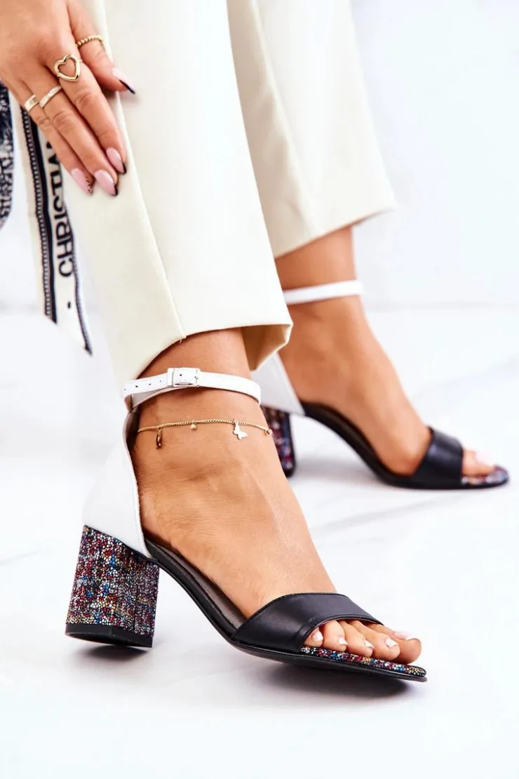 Online Boto Skórzane Sandałki Na Słupku Czarno-Białe Lorene