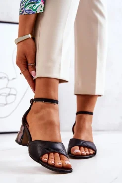 Damskie Boto Skórzane Sandałki Na Słupku Lewski 3027 Czarne