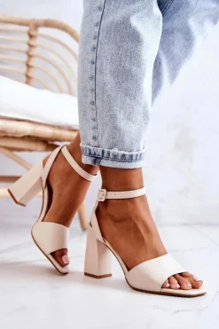 Best Boto Skórzane Sandałki Na Słupku Beżowe Estrella