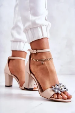 Damskie Boto Skórzane Sandałki Na Słupku Z Ozdobą Beżowe Milessa