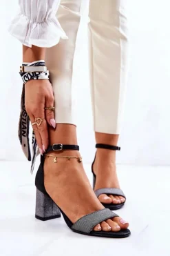 Boto Sandały Na Obcasie*Skórzane Sandałki Na Słupku Czarno-Srebrne Lorene