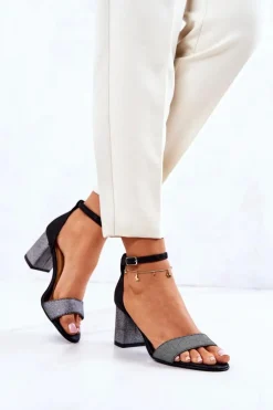 Boto Sandały Na Obcasie*Skórzane Sandałki Na Słupku Czarno-Srebrne Lorene