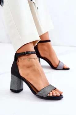 Boto Sandały Na Obcasie*Skórzane Sandałki Na Słupku Czarno-Srebrne Lorene