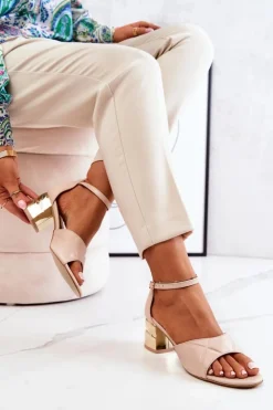 Sale Boto Skórzane Sandałki Na Słupku Lewski 3027 Beżowe