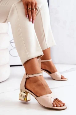 Sale Boto Skórzane Sandałki Na Słupku Lewski 3027 Beżowe