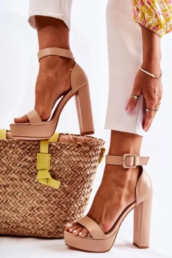 Damskie Boto Skórzane Sandałki Na Słupku Beżowe Medanos