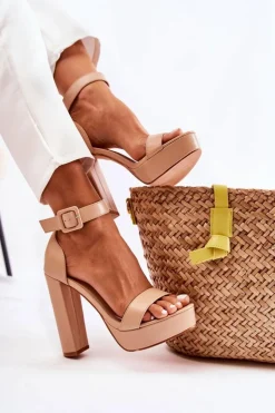 Damskie Boto Skórzane Sandałki Na Słupku Beżowe Medanos