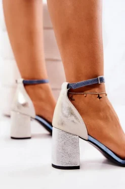 Boto Sandały Na Obcasie*Skórzane Sandałki Na Słupku Przecierane Niebieskie Lorene